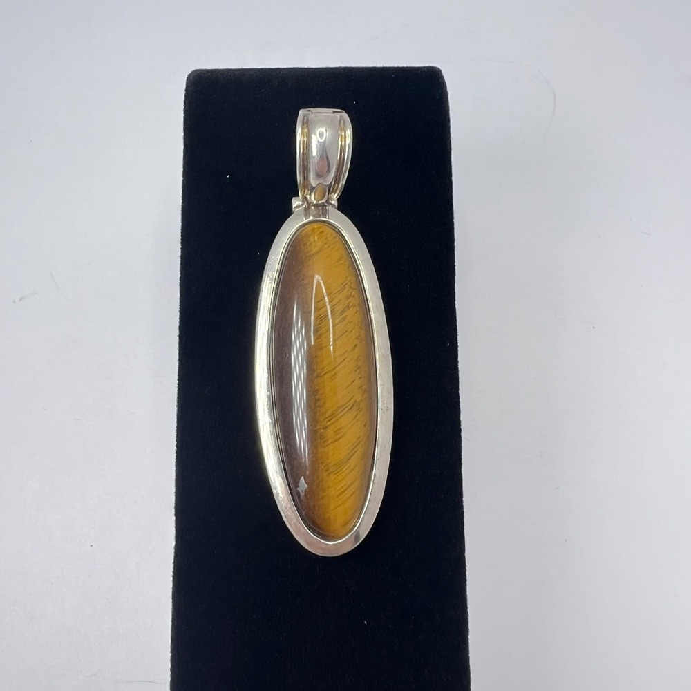 Whitney Kelly Tigers Eye Enhancer Pendant 925 Sterling Silver 2" Tall Oval Boho